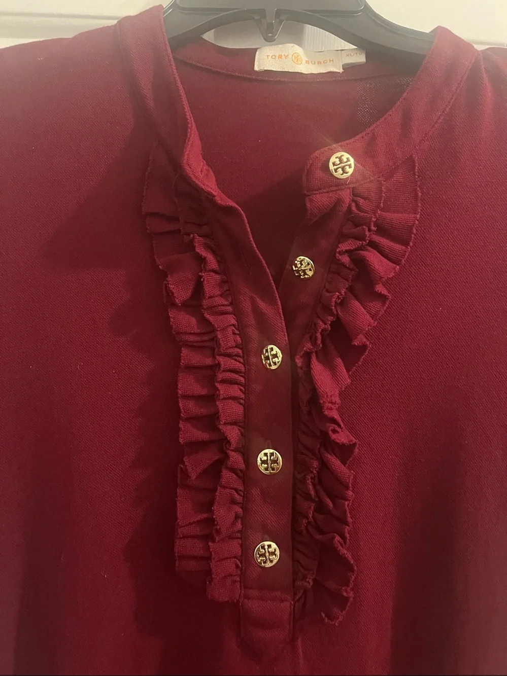Tory Burch women’s ' Burgundy Ruffle Henley Tee